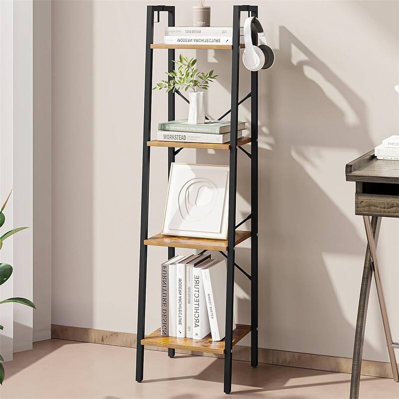 Freestanding Corner Storage Shelve with 2 Hooks for Home Office - 9.45"D x 15.35"W x 72.83"H - Rustic Brown