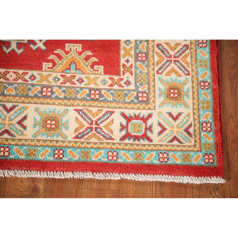 Kazak Rug Hand-Knotted Geometric Red Wool Carpet - 3'3"x 4'10"