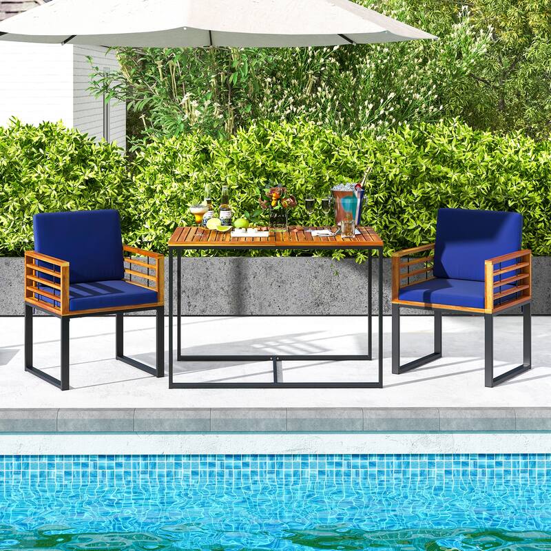 2-Piece Outdoor Solid Wood Dining Chairs with Navy Seat and Metal Frame Included Cushions - 21” x 23” x 25.5” (L x W x H)