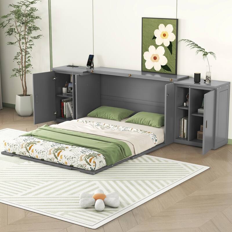 Murphy Bed with Built-in Charging Station, Shelves & Storage Cabinets, Platform Bed Frame Space-Saving Folding Wall Cabinets Bed - Gray - Queen