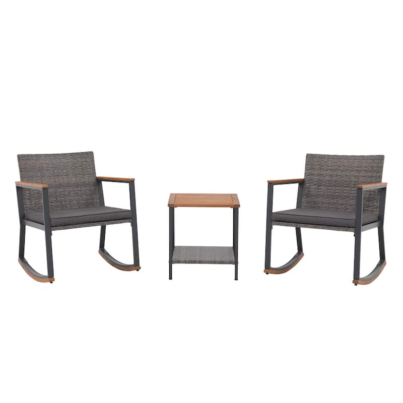 3-Piece Outdoor Wicker Rocking Chair Set with Cushions