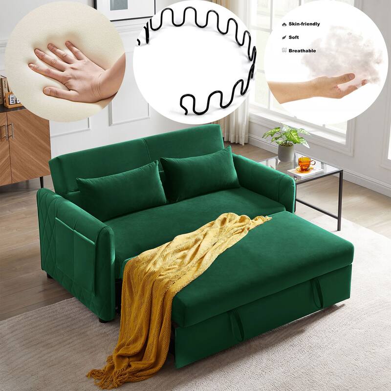 59.5" Modern Convertible Sofa Bed with 2 Detachable Arm Pockets, Velvet Loveseat Sofa with Pull Out Bed