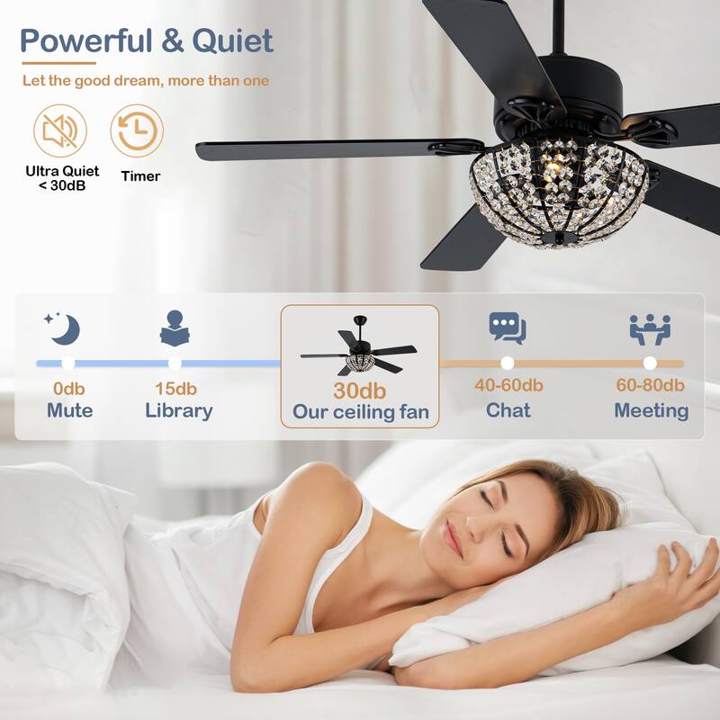 Cusp Barn 52 Inch Modern Crystal Black Ceiling Fan with Light, Noiseless DC Motor 6 Speeds Caged Ceiling Fan for Living Room