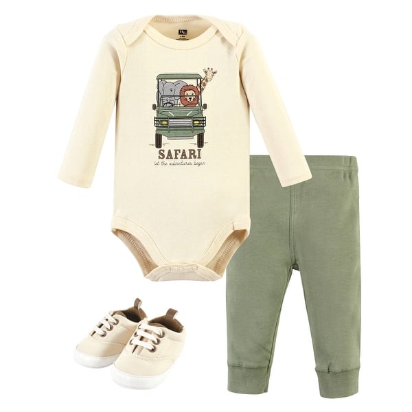 slide 1 of 1, Hudson Baby Infant Boy Cotton Bodysuit, Pant and Shoe Set, Going On Safari Long Sleeve 0-3 Months - Going On Safari Long Sleeve