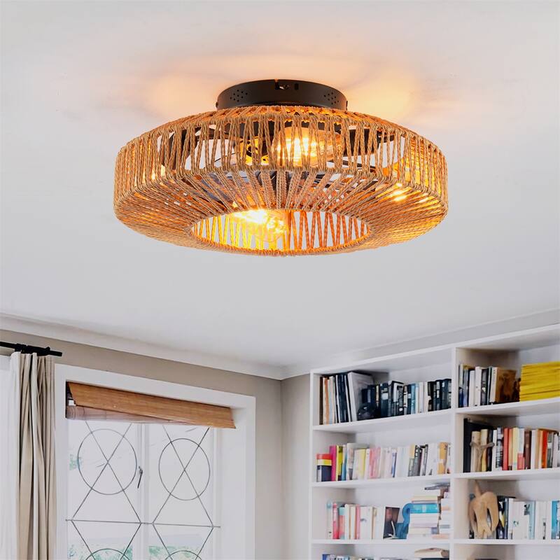 20" Rope Caged Ceiling Fans with Remote and Low Profile Chandelier 6 Speed, NOT Included Bulbs