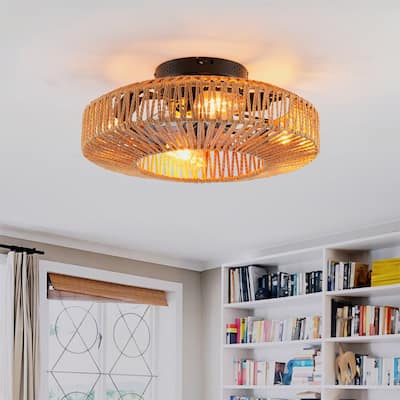 20" Rope Caged Ceiling Fans with Remote and Low Profile Chandelier 6 Speed, NOT Included Bulbs
