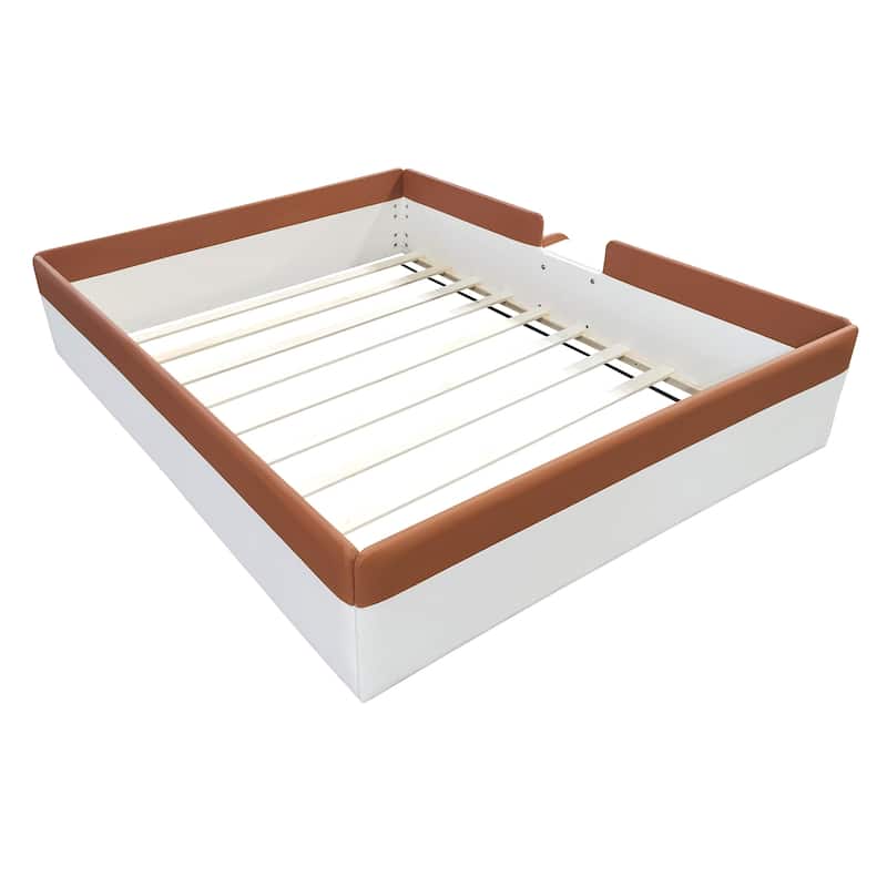 Full Size Upholstered Daybed Frame with Fence and Stairs,(BROWN+WHITE)