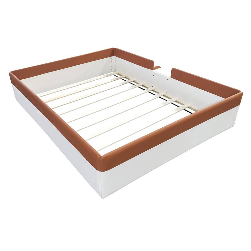 Modern Upholstered Daybed with Fence and Stairs for Kids, Brown+White