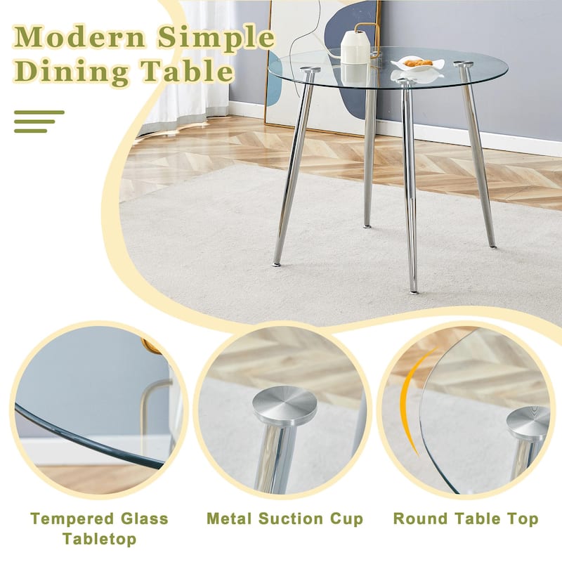 Tempered Glass Dining Table Set for 4, Modern 36" Round Table with 4 Transparent Chairs for Kitchen, Office, Living Room