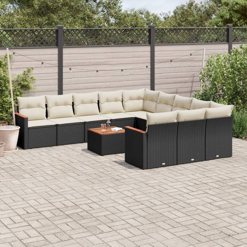 vidaXL Patio Sofa Set with Cushions Outdoor Conversation Furniture Poly Rattan - Black and cream with table - 21.7 x 21.7 x 14.6 in