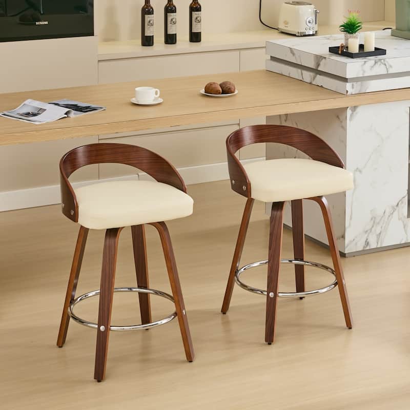 Low Back Swivel Bar Stools Set of 2 Walnut Wood Frame Accent Chairs Set with Faux Leather Cushion Seat and Metal Footrest