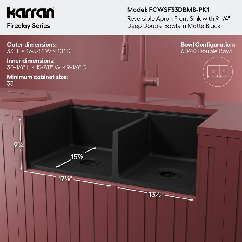 Karran 33" Double Bowl Workstation Fireclay Kitchen Sink with Reversible Fluted Apron Front