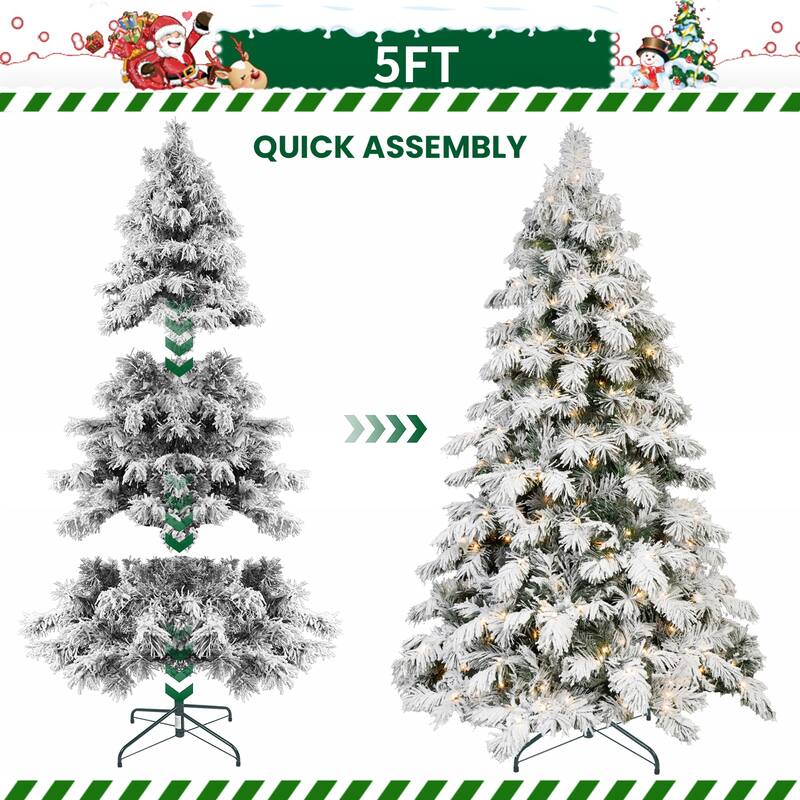 5ft Flocked Scarecrow-Shaped Christmas Tree with 200 Warm White LED Lights,375 PVC Memory Wire Tips,Power Pole&Hinged Structure