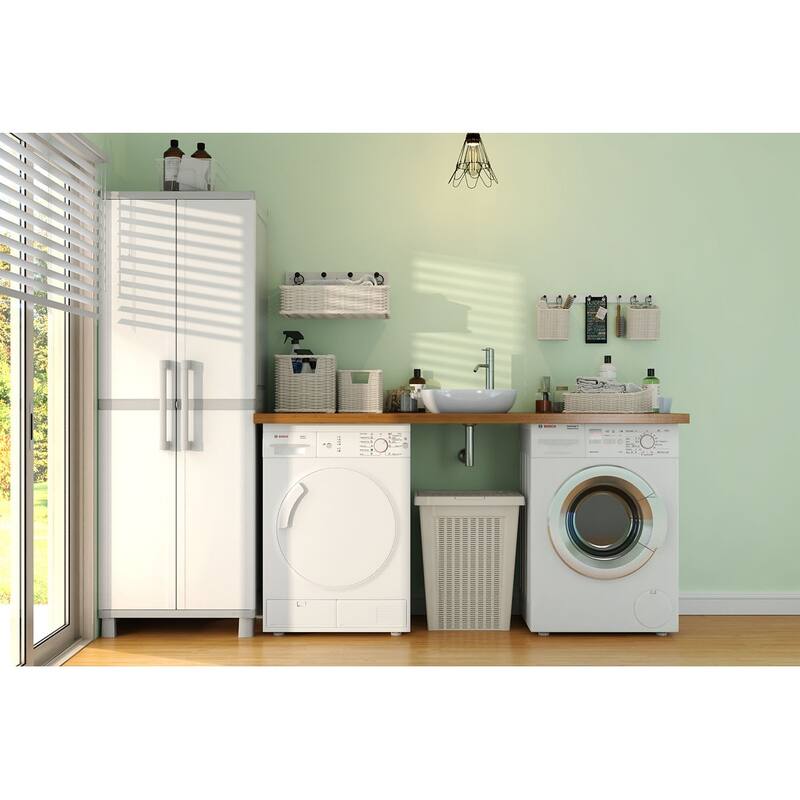 Keter Utility Garage Vertical Resin Home Storage Cabinet with lockable Doors and Shelves Ideal for Organization and Tools, White