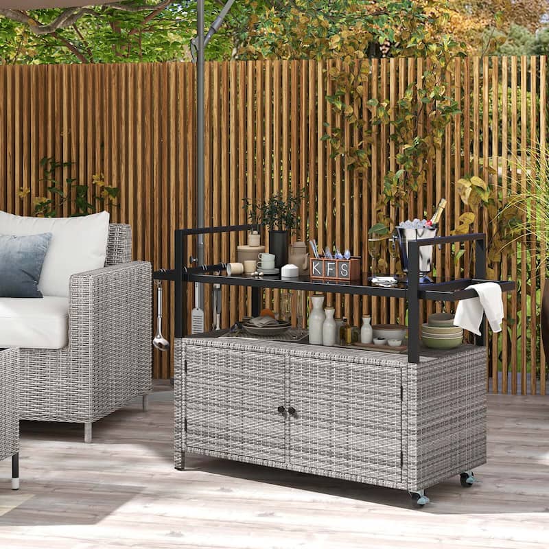 Costway Outdoor Bar Cart with Tempered Glass Top Storage Cabinet & 8 - See Details - Grey