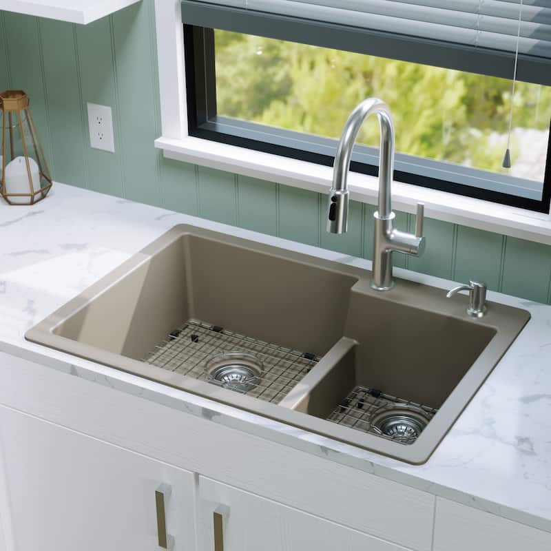 Karran 33" Top Mount Large/Small Bowl Quartz Kitchen Sink Kit - 33" x 22" x 9"