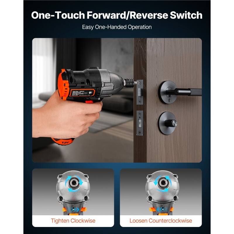 Black Brushless Cordless Impact Driver 12V DC with 1062 in-lbs Torque, LED Light and Dual Batteries - 5.9 x 2.2 x 7.3 in