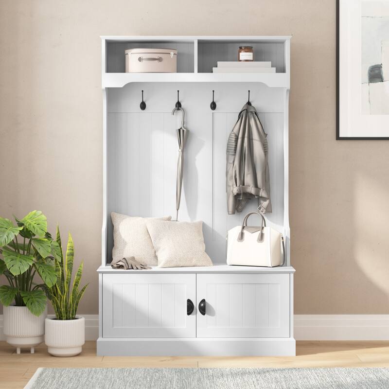 Hall Tree with Storage Bench, Upper Cubbies and 4 Double Coat Hooks - 18.5"D x 39.25"W x 65"H - White