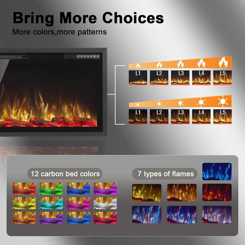 BOSSIN Recessed Wall Mount Electric Fireplace - Ultra-Narrow Frame, Low Noise, Remote w/Timer, Adjustable Flame Color & Speed