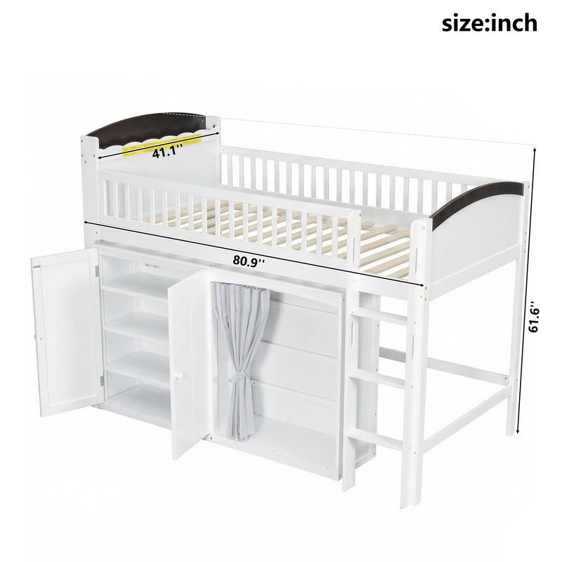 Roomfitters Twin/Full Size Loft Bed with Storage Cabinet, Wardrobe and LED Light