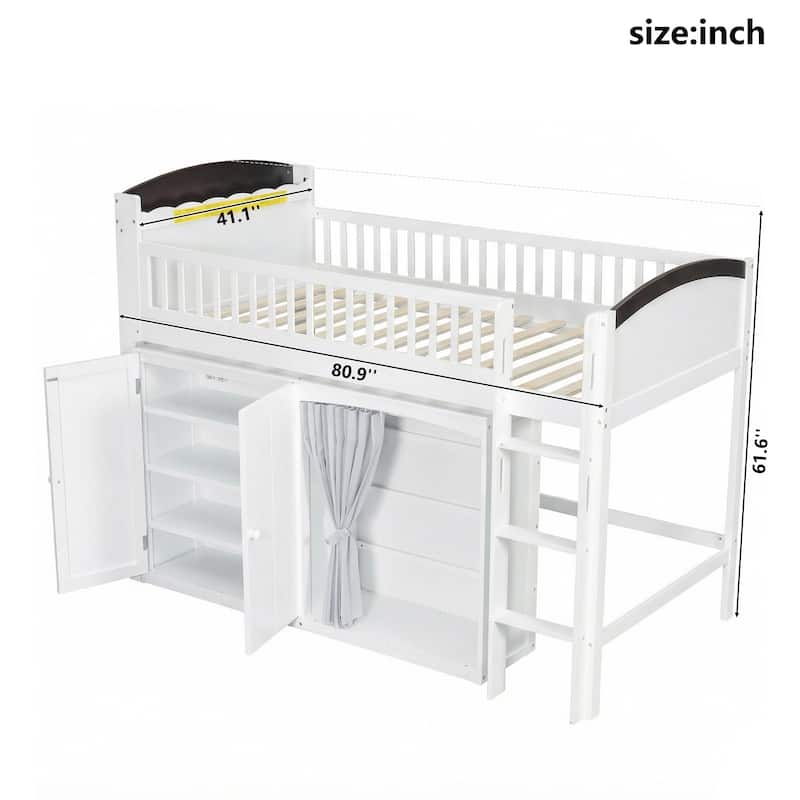 Twin Loft Bed with Built-in Wardrobe & Storage Cabinet, Space-Saving Design with LED Lighting