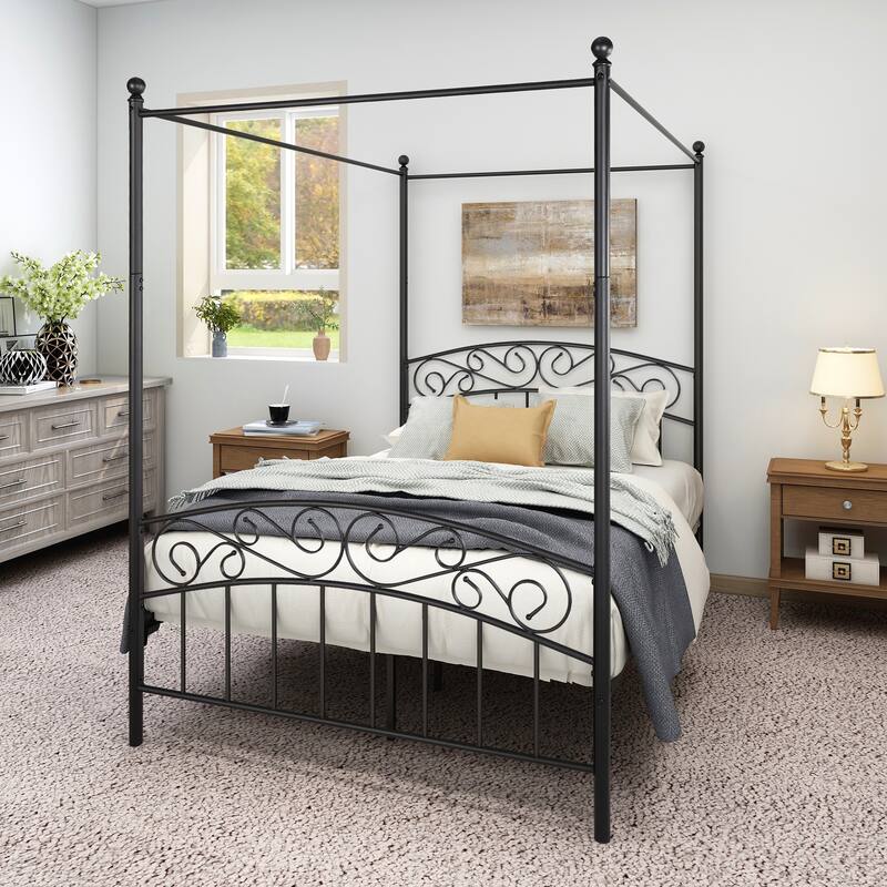 Metal Canopy Bed Frame with Ornate European Style Headboard & Footboard
