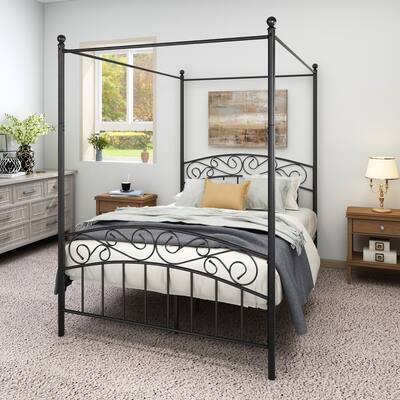 Metal Canopy Bed Frame with Ornate European Style Headboard & Footboard
