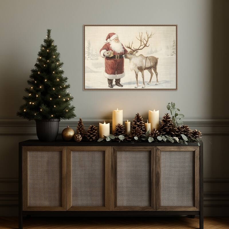 Santa Claus with Reindeer in Winter Wonderland by Melloi Art Prints Framed Canvas Wall Art Print - Sylvie Beaded Dark Gold