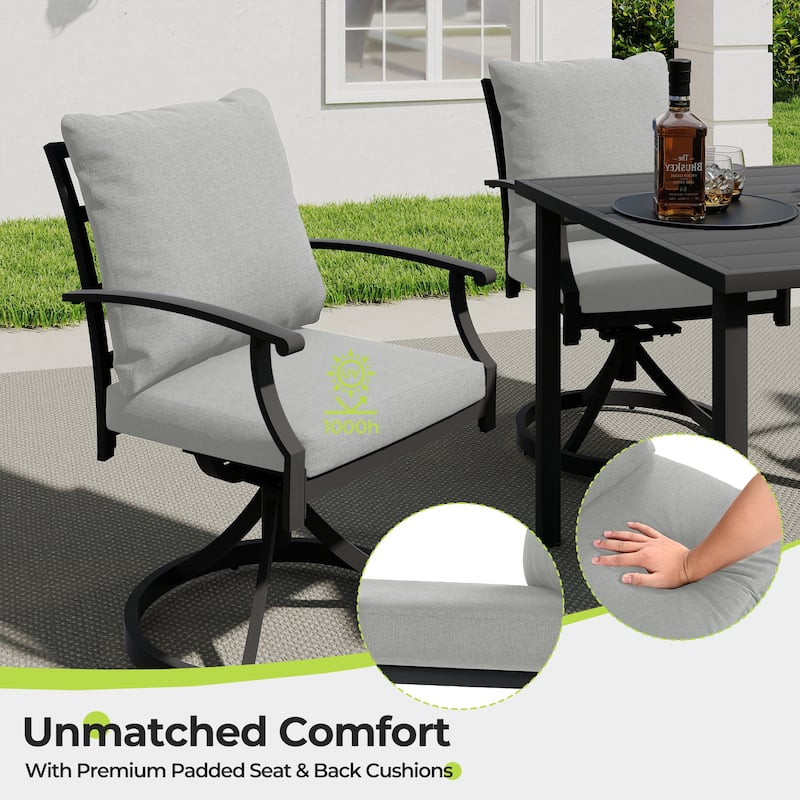 IvyGlow 5-Piece Black Metal Patio Dining Set with Square Table, 4 Swivel Dining Chairs and Gray Cushions