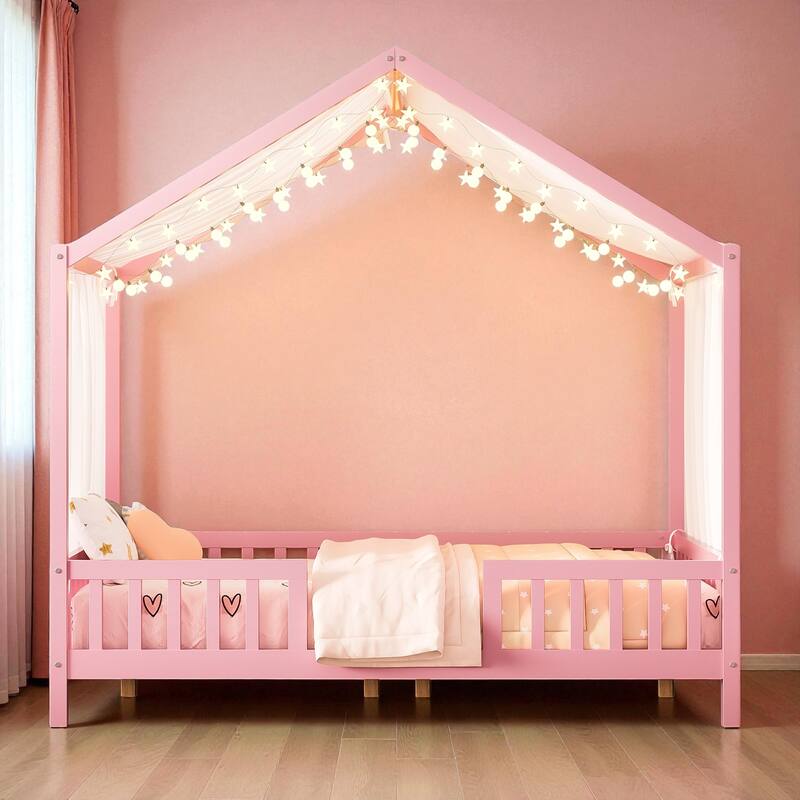 Montessori House Bed with Canopy, Twin/Full Kids Floor Bed Frame with High Railings, Wooden Roof Bed for Toddlers and Children - Pink - Full