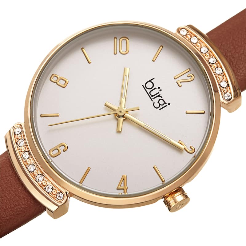 Burgi Women's Swarovski Crystal Classic Slim Leather Strap Watch - Brown