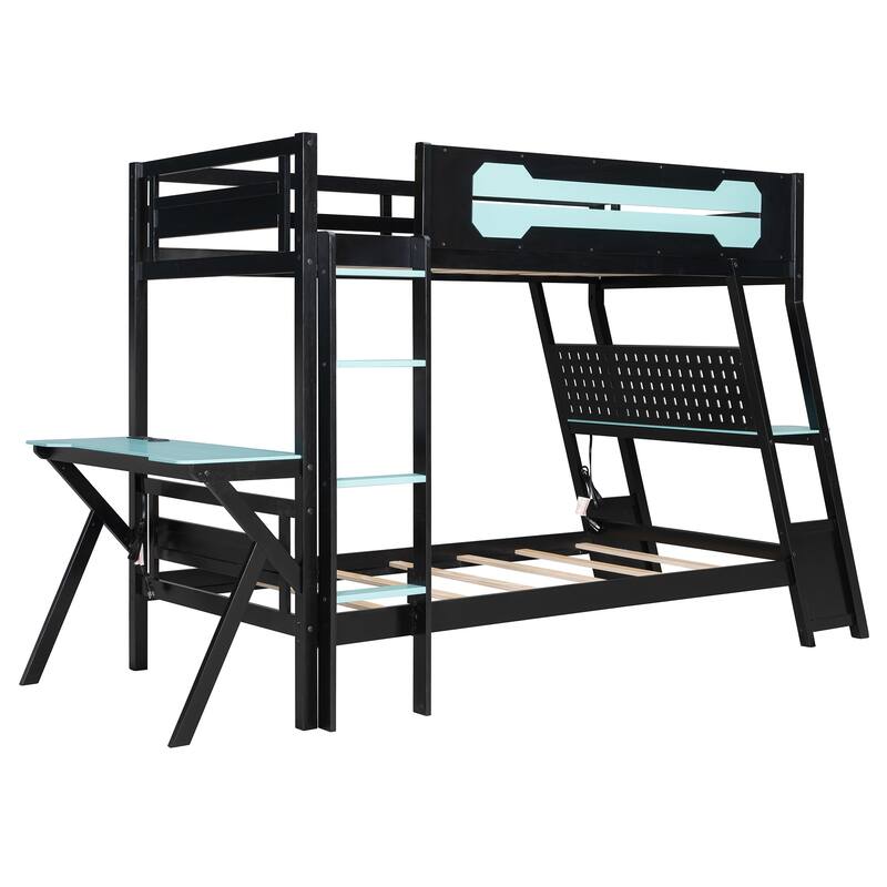 Twin Size Bunk Bed with Two Built-In Gaming Desks, USB Desktop Ports & Pegboard Organizer, Gaming Bunk Frame