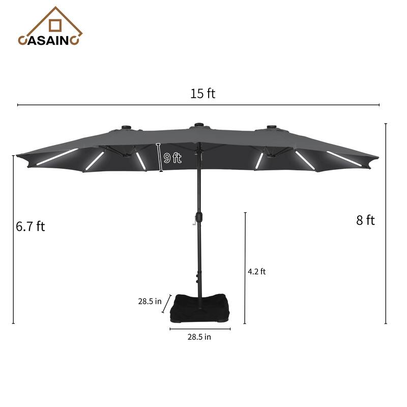 15 ft. Crank Double-sided Solar LED Ultra Lighted Outdoor Market Umbrella with Base Included