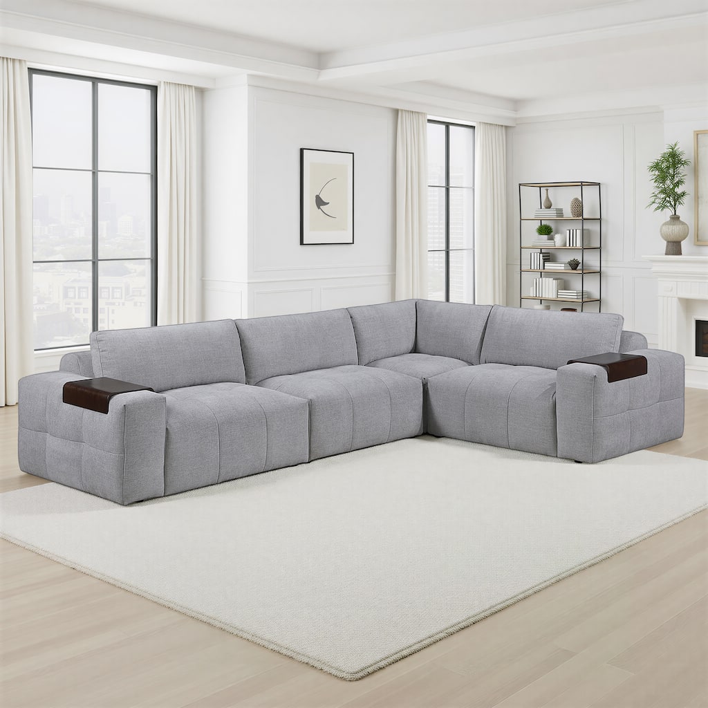 Mackay 143" Textured 4-Piece Modular Sectional Sofa with Armrest Tray
