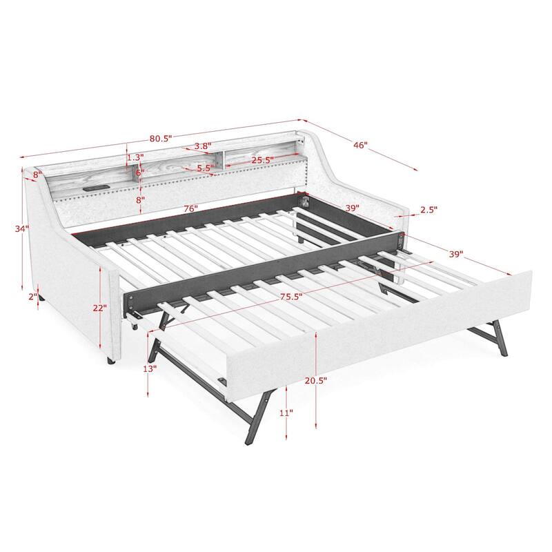 Anmytek Twin Size Trundle Sofa Bed with Storage Adjustable Headboard 3 LED Lights Wireless Charging