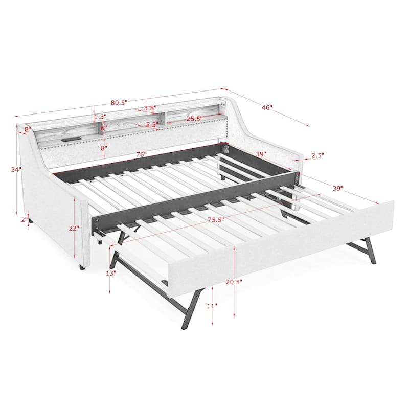 Linen Upholstered Bedframe Twin Daybed with Foldable Leg Pull Out Trundle, LED Lights, Storage Headboard and Wireless Charging