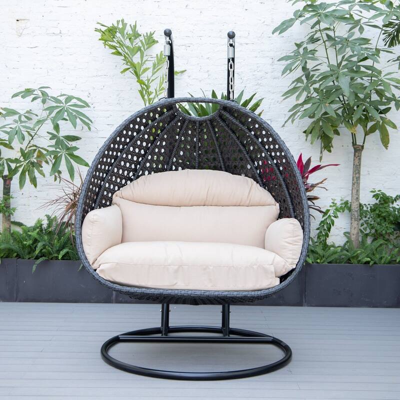 Patio 2-Person Hanging Egg Swing Chair Charcoal Wicker and Iron Frame Breathable Removable Cushion Covers by LeisureMod