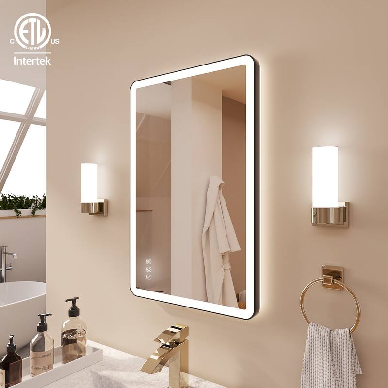 Rectangular Angle Rounded Framed Super Bright LED Wall Mounted Bathroom Vanity Mirror in Matte Black - 24" * 16" - Black