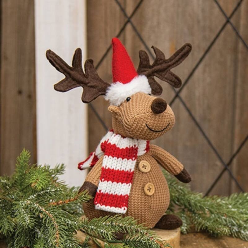 Cozy Plush Reindeer Figurine with Knit Scarf Finish Holiday Decor Christmas Tabletop Decoration - 9.5" H x 7" W x 4.5" D