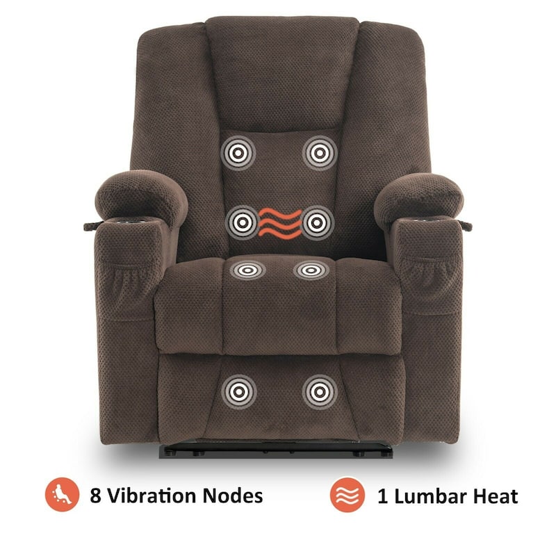 Mcombo Electric Power Recliner with Massage & Heat, Extended Footrest, 2 USB Ports, Side Pockets, Cup Holders, Plush Fabric 8015