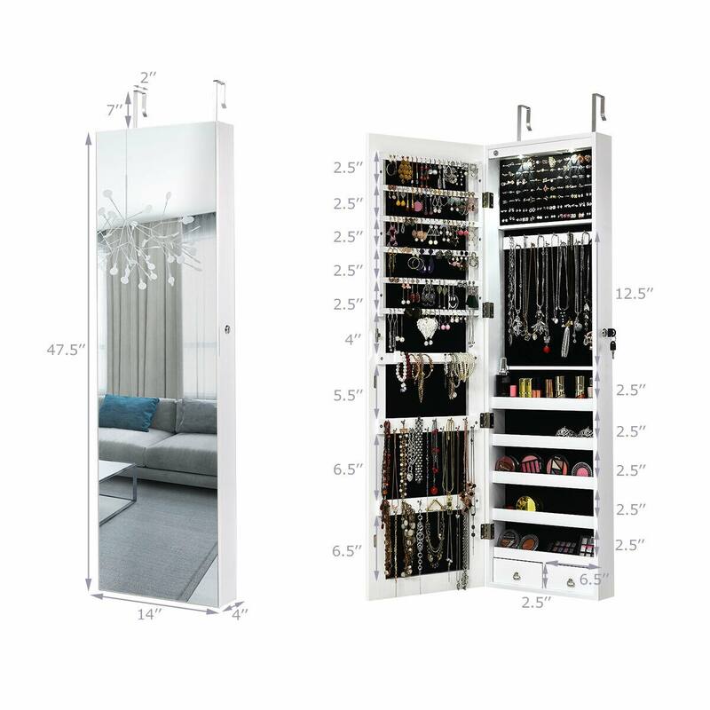 Gymax Wall & Door Mounted Mirrored Jewelry Cabinet Storage Organizer