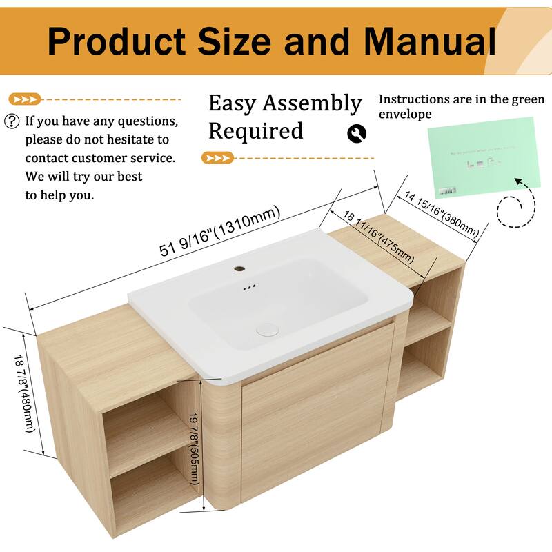 Malwee 28"/40"/52"/68" Floating Bathroom Vanity, Wall Mounted Bathroom Vanity with Ceramic Sink,Soft Close Door and Shelf
