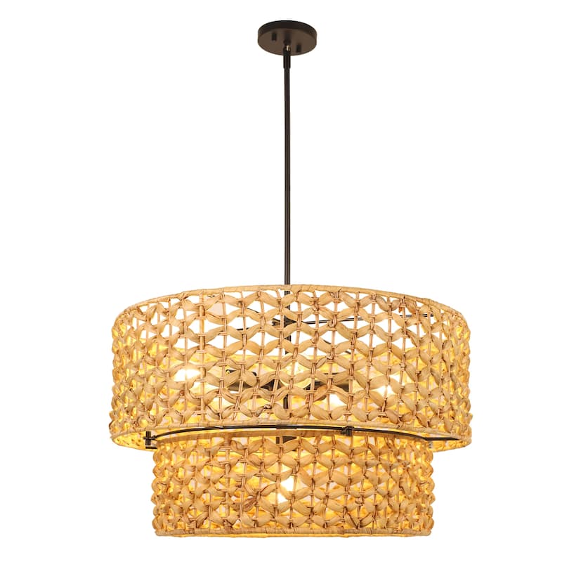 Ravy Farmhouse 6-Light Drum Rattan Chandelier Coastal Natural Pendant Light for Kitchen Dining Room - Dia. 26" x H 15.7"
