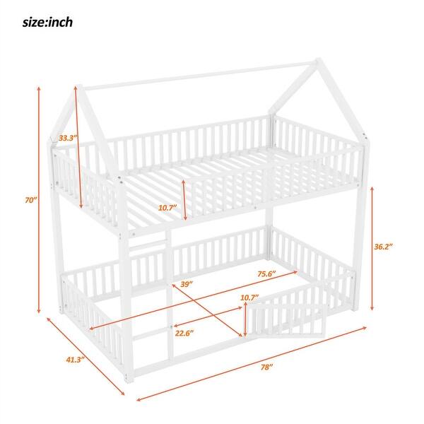 dimension image slide 0 of 2, Metal House-Shaped Bunk Bed with Fence and Door, Twin Over Twin Floor Bunk Bedframe with Roof Design and Guardrails