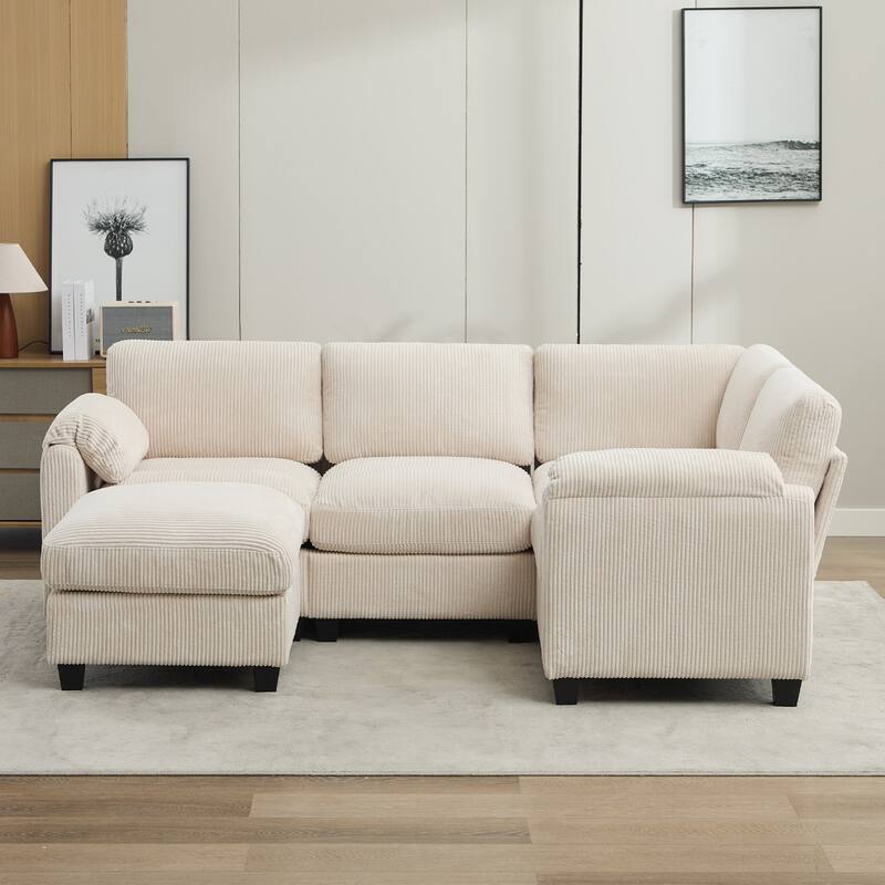 5-Seater Corduroy Sectional Sofa, Removable Ottoman, Modular Design