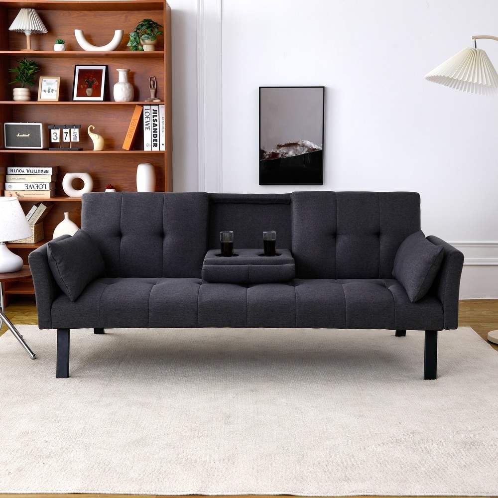 Cotton Linen Fabric Loveseat Sofa Sleeper Sofa Bed for Small Space with Center Table, Cup Holders, Pillows and Side Pockets