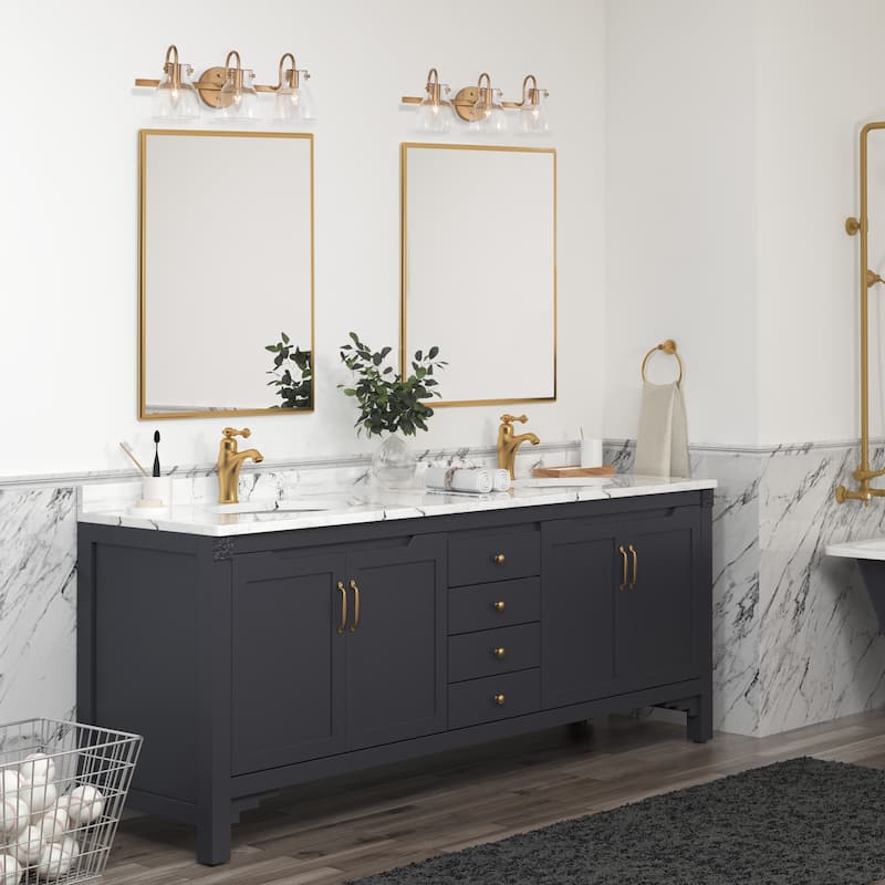 Modern 3-Light Gold Bathroom Vanity Light Glass Wall Sconces - Warm Gold - 21" L x 9" W x 8" H