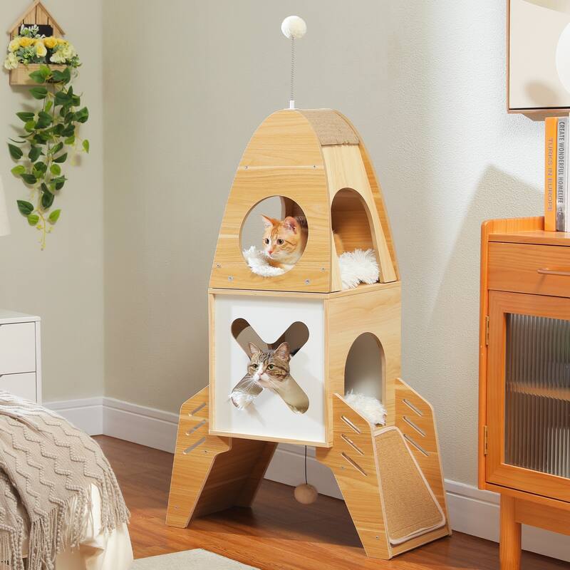 Modern Rocket Shape Multi-level Cat Tree with Condos & Dangling Balls