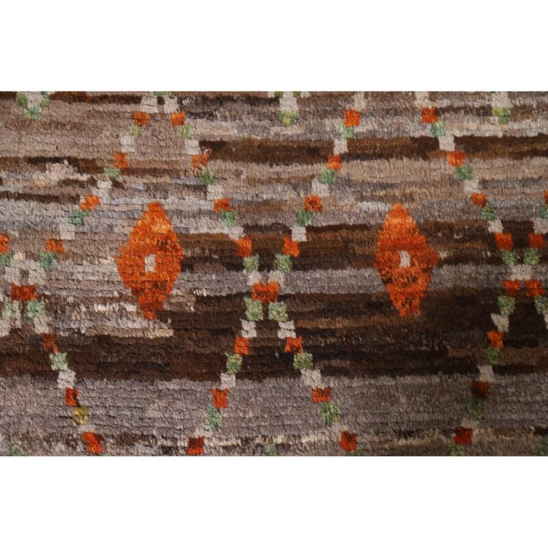 Hand Knotted Oriental 100% Wool Carpet Tribal Checkered Brown Moroccan Area Rug - 9' 10'' X 6' 10''