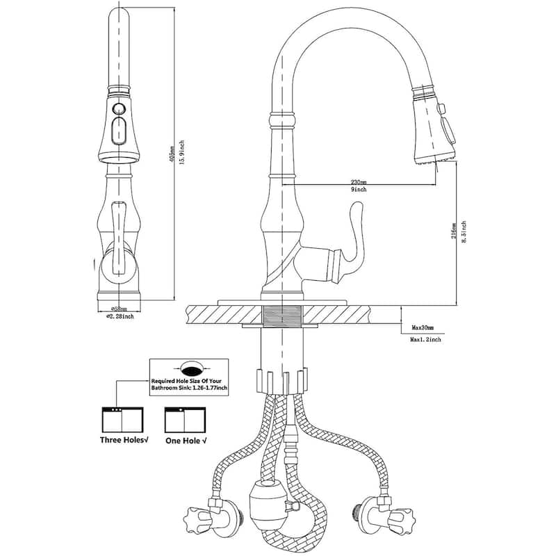 Singe Handle Pull Down Bronze Kitchen Faucet with Three Functions Sprayer - 2.28-in W x 15.9-in H